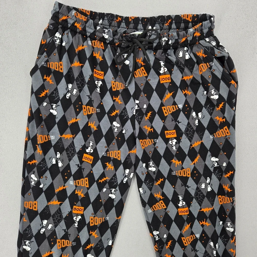 Peanuts Large Halloween Snoopy Argyle Jogger Pajama Pants Black Orange